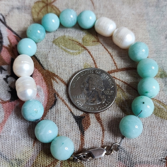 Amazonite Stone Potato Pearls Sterling Clasp Wired Artisan Bracelet - Picture 6 of 15